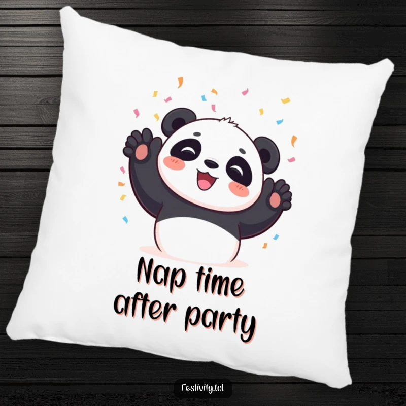 Funny Panda Pillow featuring a cute panda gleefully tossing a burst of colorful confetti, soft and huggable.