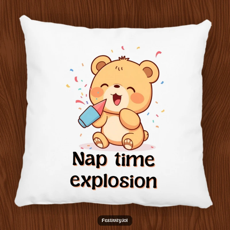 Funny Pillow: A delighted bear cub popping confetti, a soft and humorous decorative item.