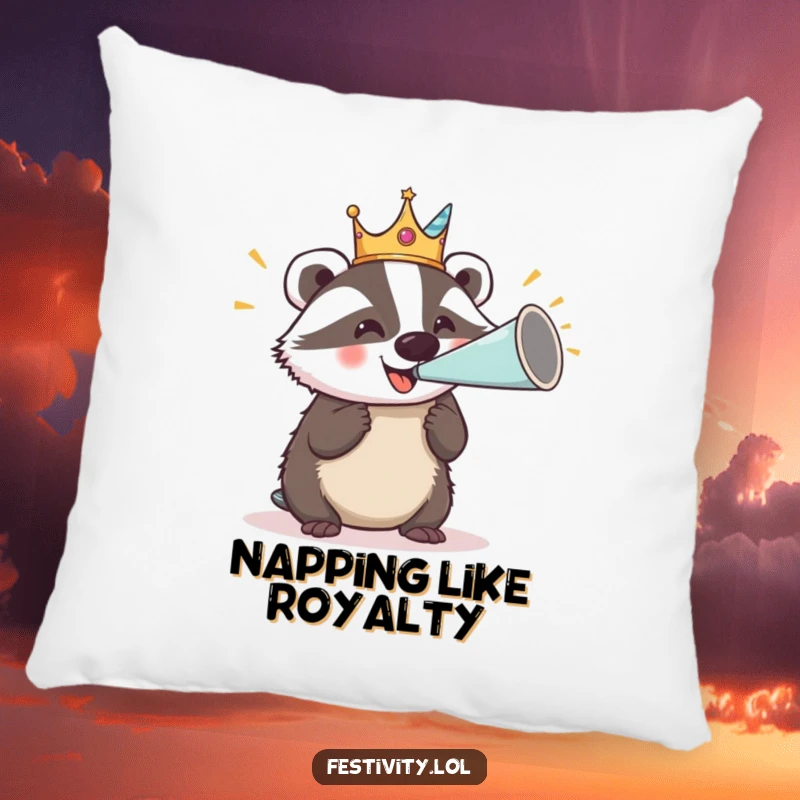 Funny pillow featuring a delighted badger wearing a silly crown and blowing a giant party horn, offering comfort and humor.