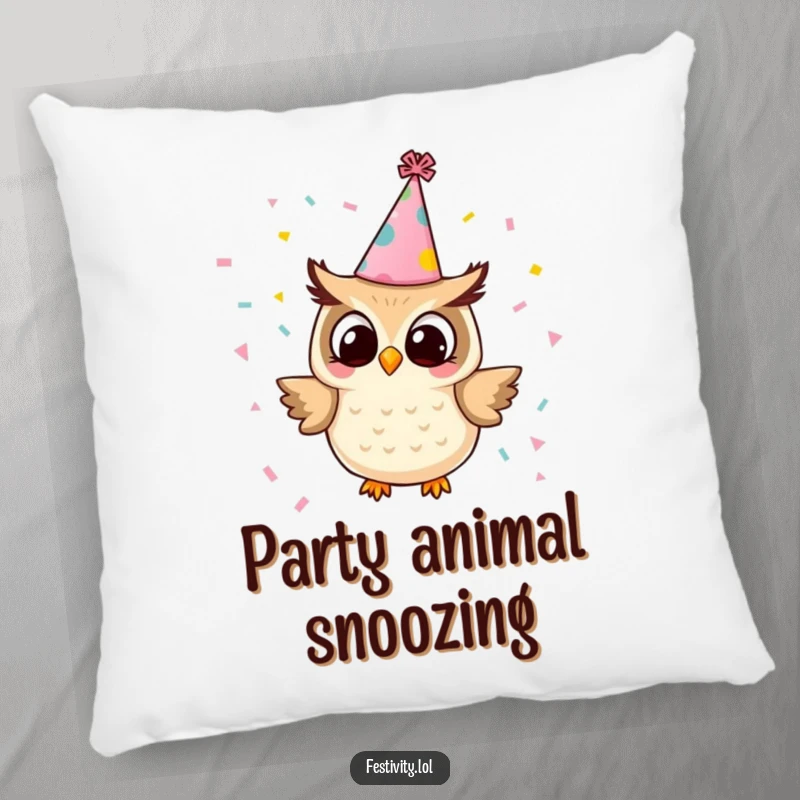 Funny owl pillow showing a tiny owl in a party hat releasing confetti, perfect for adding festive comfort and a whimsical touch.