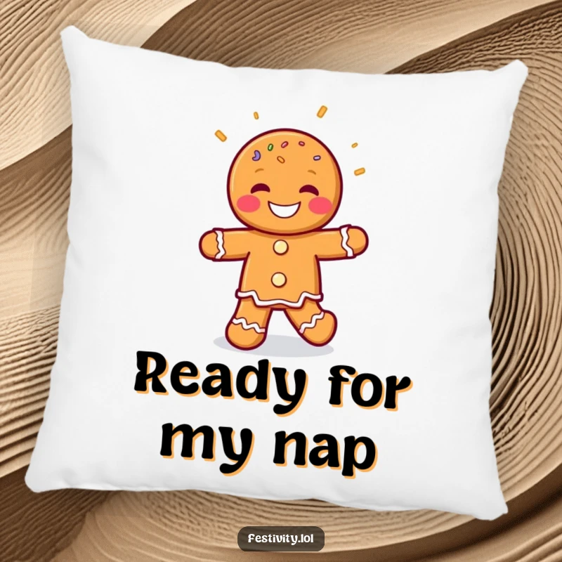 Funny Gingerbread Man Jig Pillow featuring a grinning gingerbread man character doing a happy dance with sprinkles, offering soft and humorous comfort.