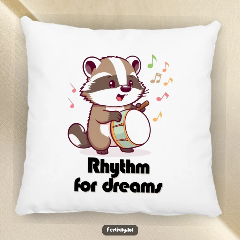 Funny pillow featuring a determined badger drumming, musical notes bursting outwards, adding a rhythmic touch to decor.
