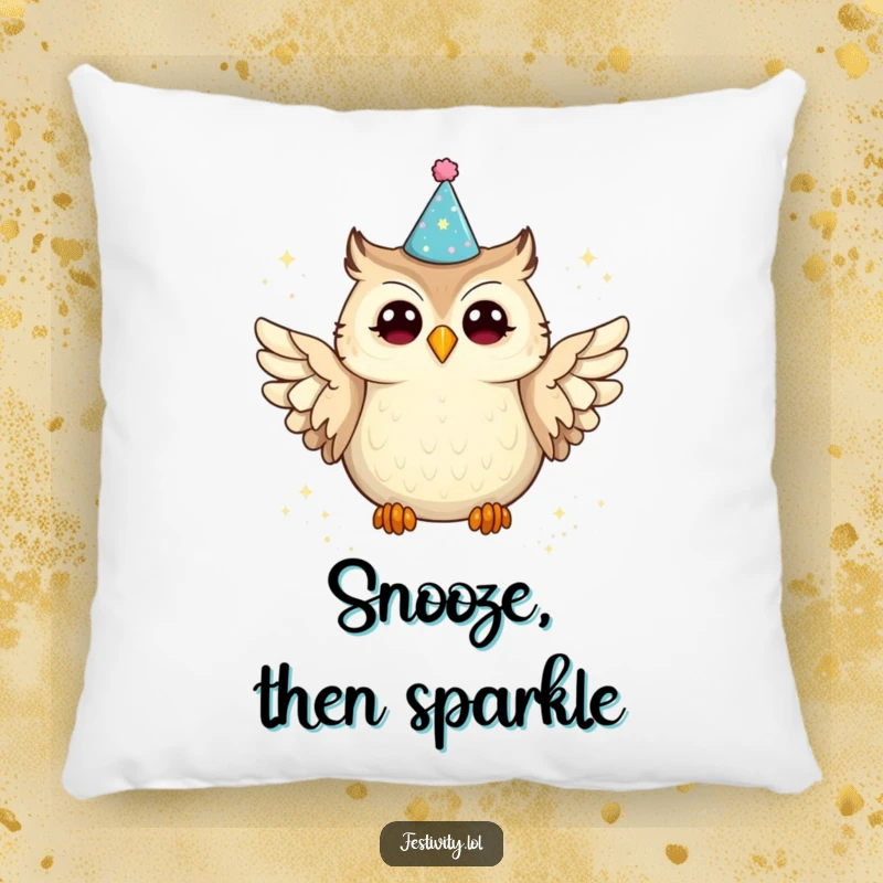 Funny owl pillow showcasing a joyful owl in a party hat spilling glitter from its wings, offering comfort and a touch of humor.