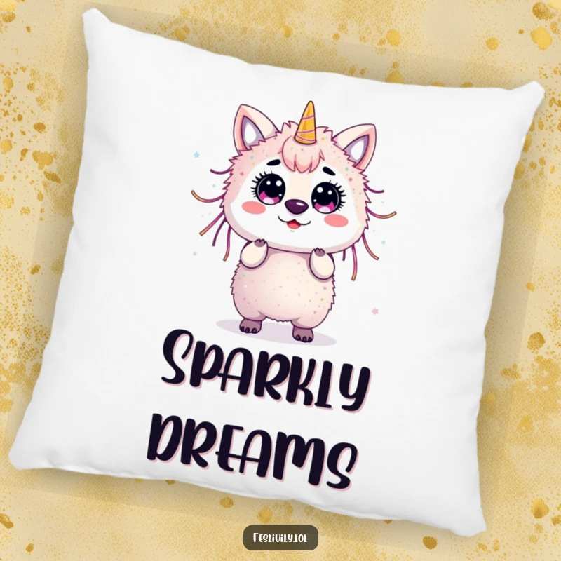 Funny surprised animal covered in streamers and glitter on a soft, comfortable pillow.