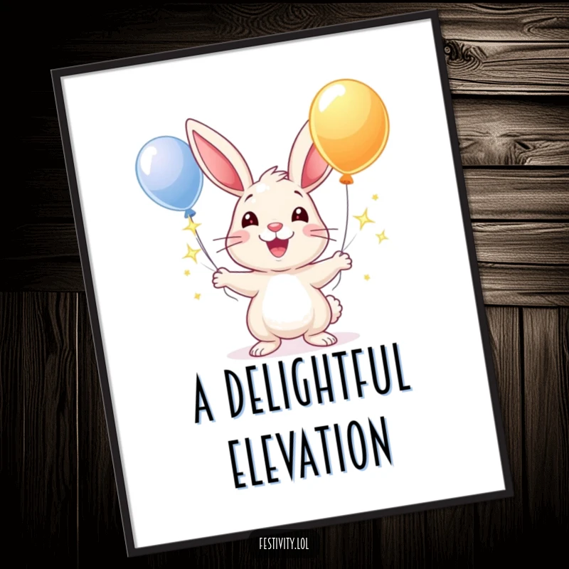 Funny digital art print of a cheerful rabbit smiling widely, juggling sparkling balloons, embodying pure, uplifting happiness.