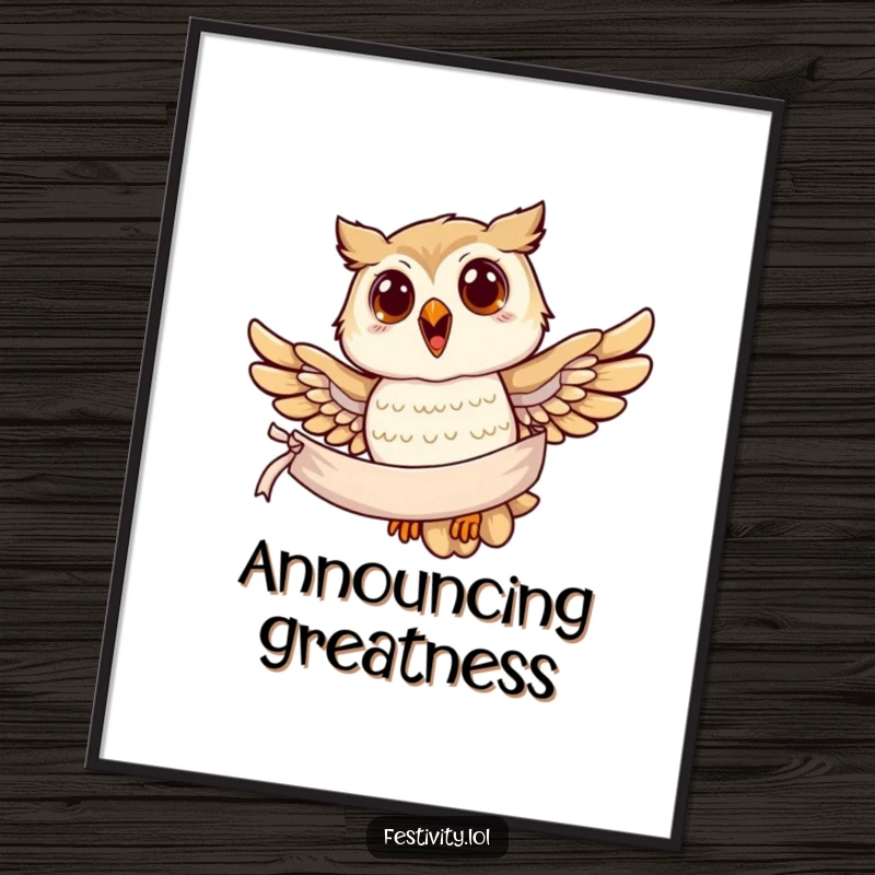 Funny owl digital art print, a joyful owl soaring with a banner, adding wise and majestic charm to digital art.