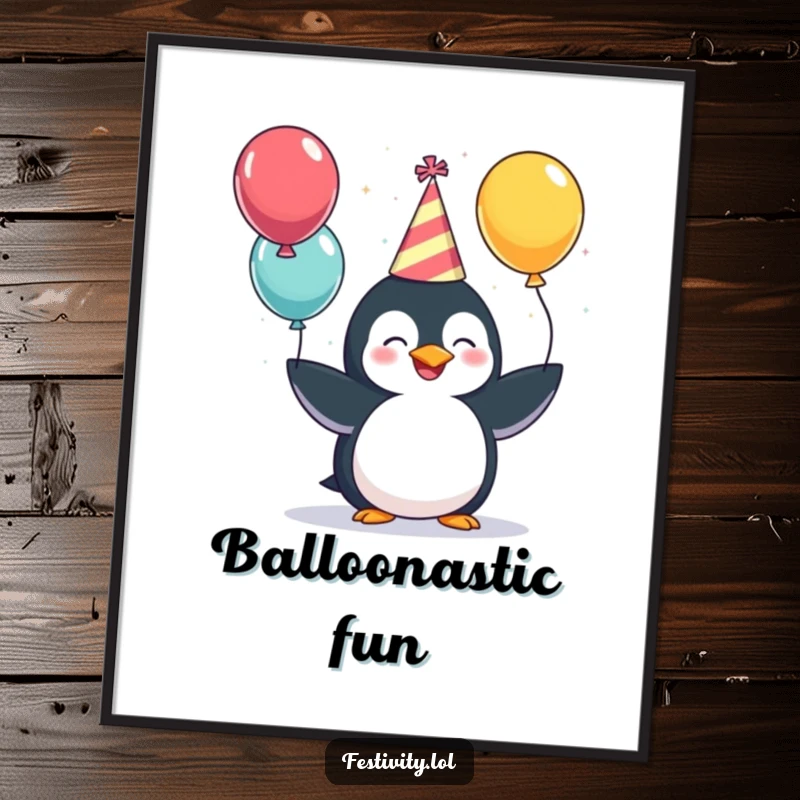 Funny Digital Art Print: A giggling penguin wearing a party hat, juggling balloons, a humorous and festive illustration.