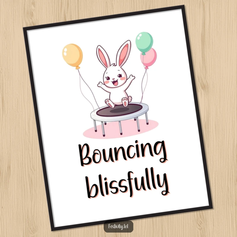 Funny Bunny Trampoline Digital Art Print showcases a cheerful bunny enthusiastically bouncing on a balloon-decorated trampoline, full of fun.