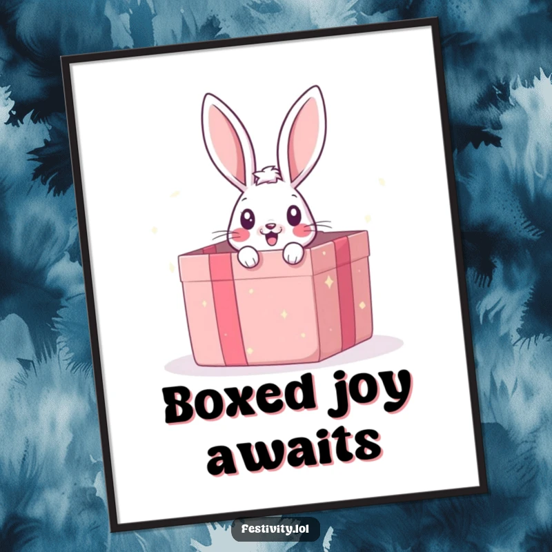 Funny digital art print of a surprised bunny peeking from a giant gift box, ideal for humorous decor.