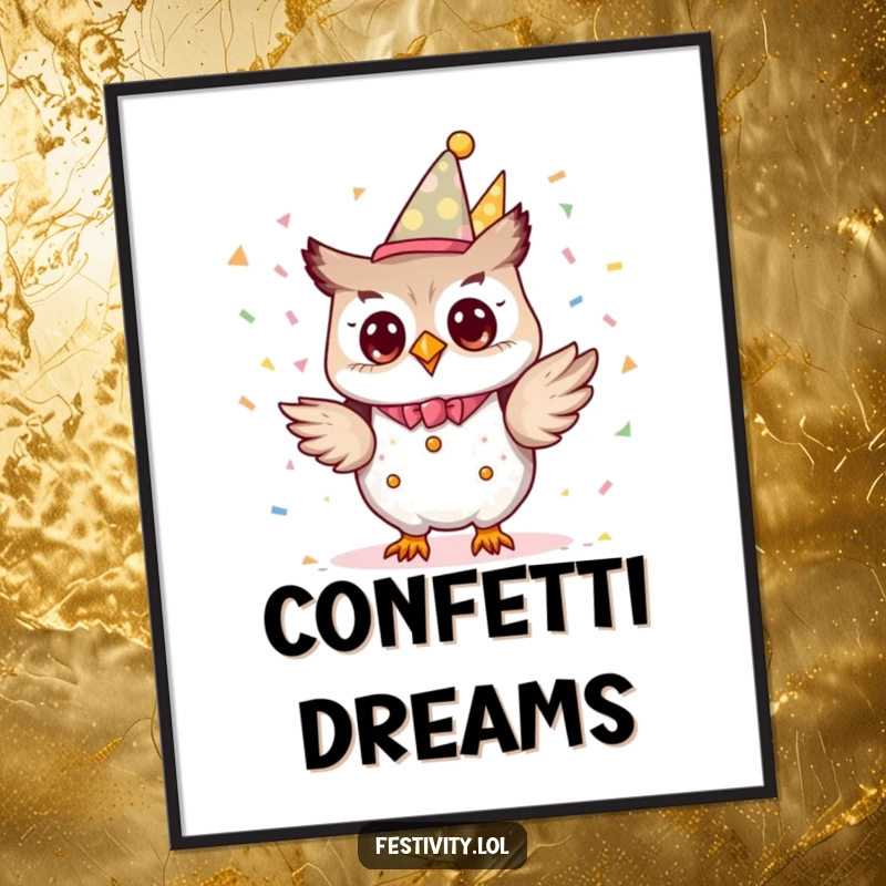 Funny tiny owl character dressed as a party planner, excitedly tossing confetti in a digital art print.