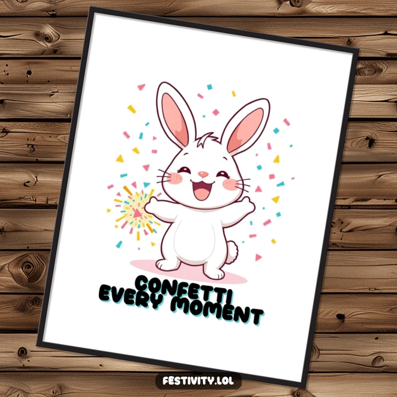 Funny digital art print of a cheerful bunny with a huge smile, throwing a giant confetti bomb, perfect for instant joyful decor.
