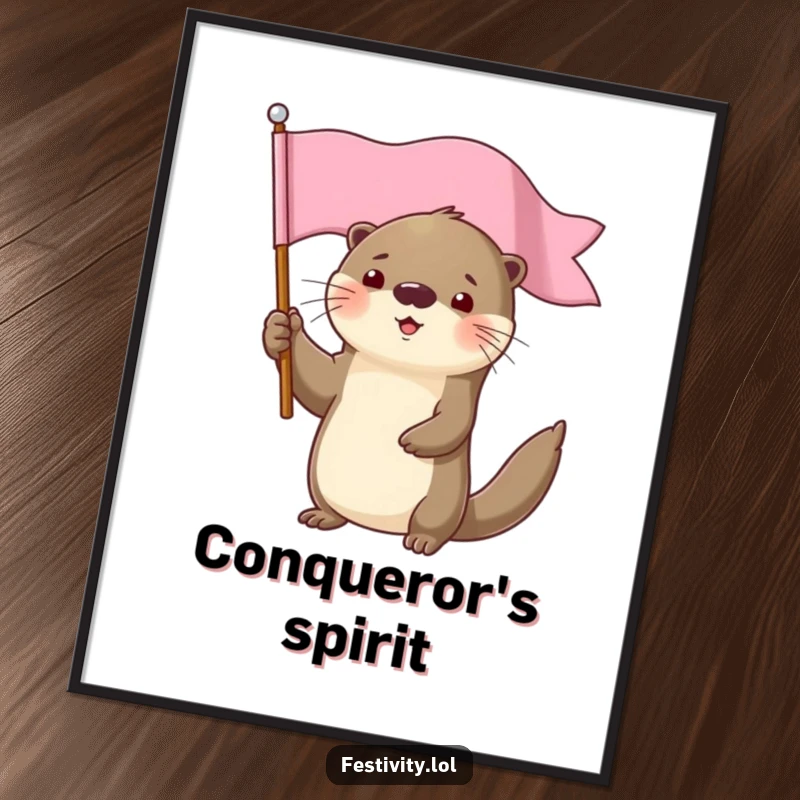 Funny determined otter character holding a flag high digital art print, bringing instant celebratory decor.