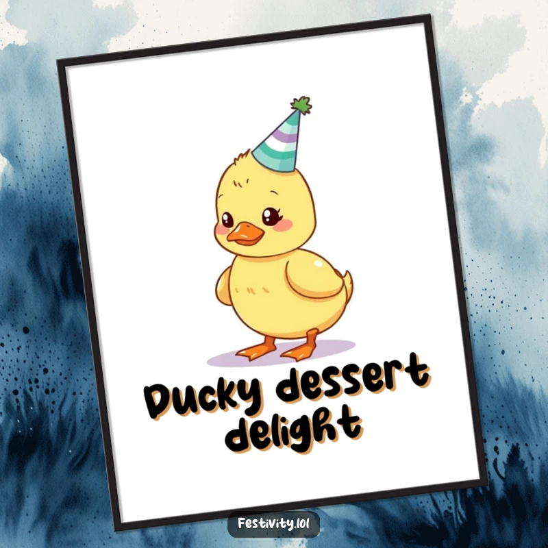 Funny digital art print of a wobbly duckling balancing a cake with candles, evoking birthday humor and fun.