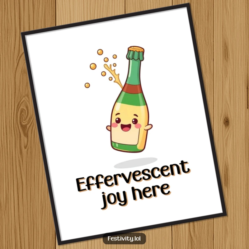Funny digital art print of a champagne bottle popping its cork with a lively splash, ready for instant download.