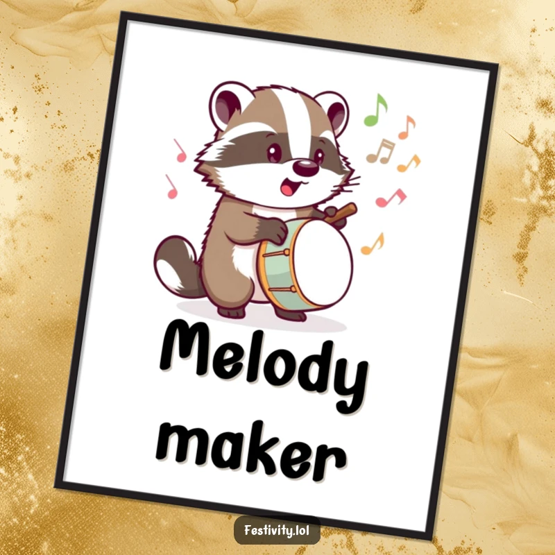 Funny digital art print of a determined badger drumming, with musical notes bursting forth, creating a visual rhythm.