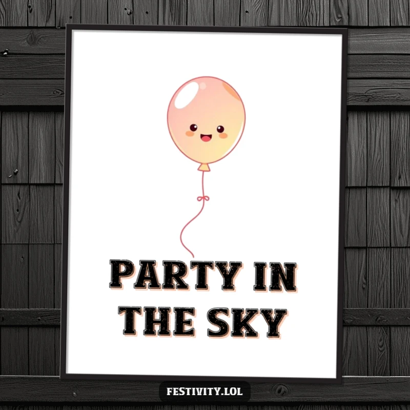 Funny cute balloon bouncing joyfully with streamers, a humorous digital art print for instant wall decor.