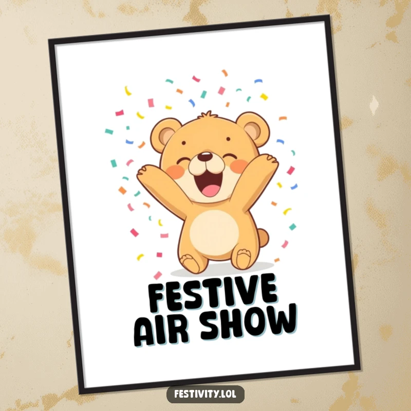 Funny Bear Cub Digital Art Print captures a delighted cub joyfully tossing colorful confetti, perfect for vibrant and humorous decor.