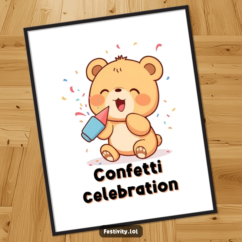 Funny Digital Art Print: A delighted bear cub popping confetti from a party popper, a humorous and festive illustration.
