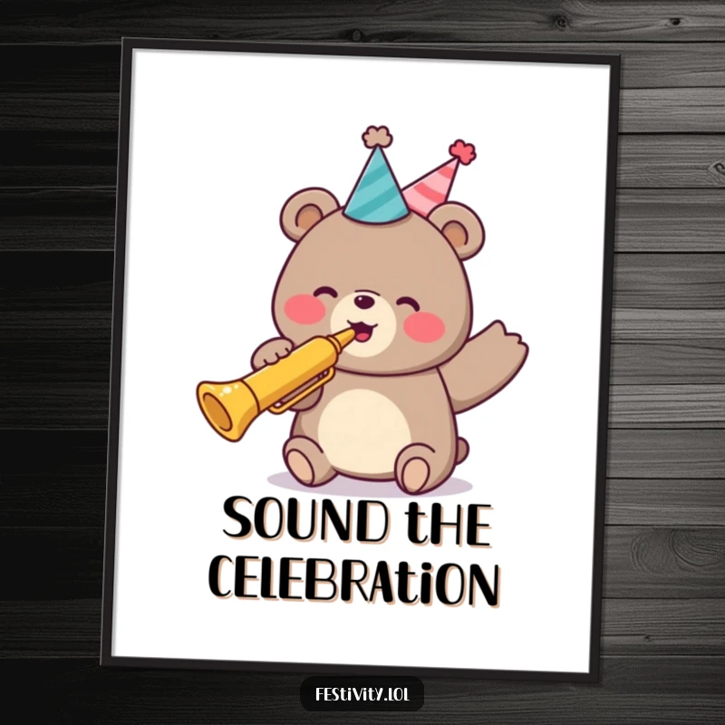 Funny digital art print of a jubilant bear in a party hat, blowing a trumpet loudly, capturing the spirit of instant celebration.