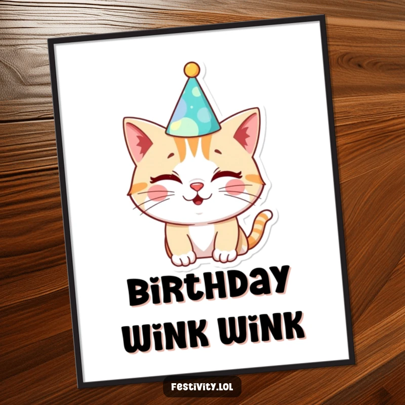 Funny Cat Birthday Digital Art Print: A cheerful cat winks in a silly hat, perfect for instant, festive, and humorous wall decor.