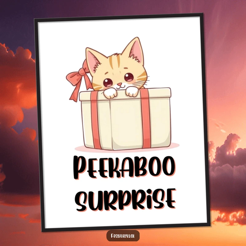 Funny, curious cat peeking from behind a large gift box, a high-resolution digital art print for whimsical decor.