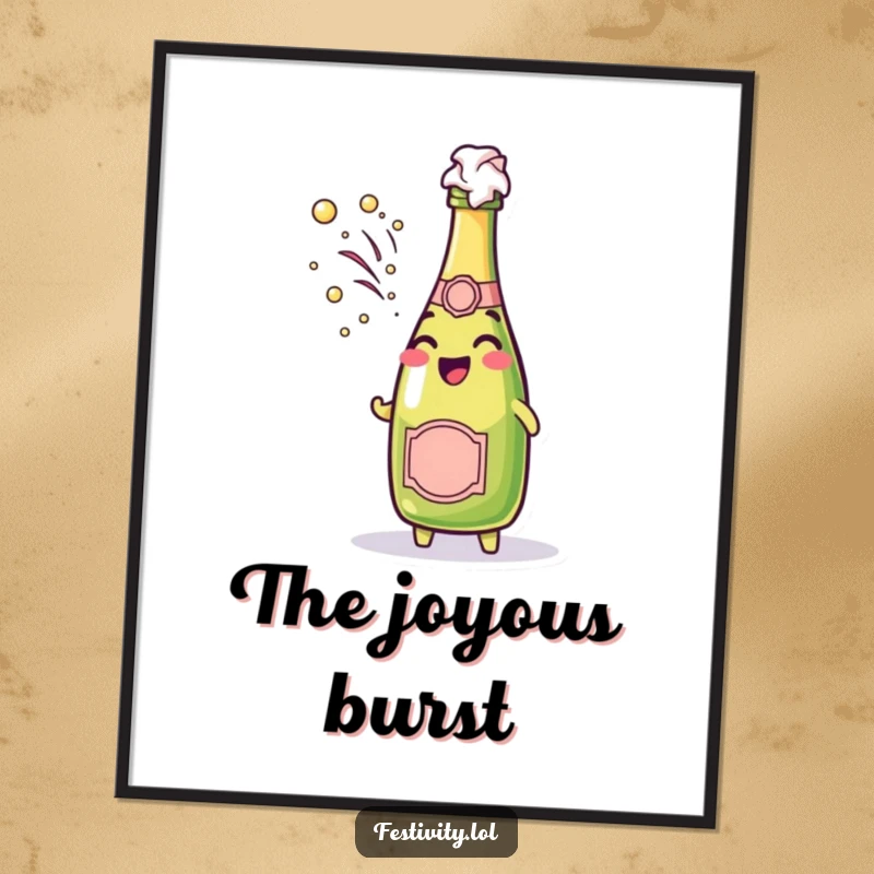 Funny cheerful champagne bottle character spraying bubbly foam in a digital art print.