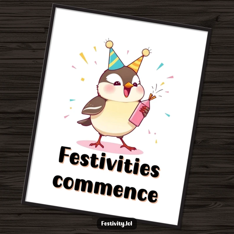 Funny chickadee digital art print of an excited bird popping a party popper, ready to be printed and hung for instant festive cheer.