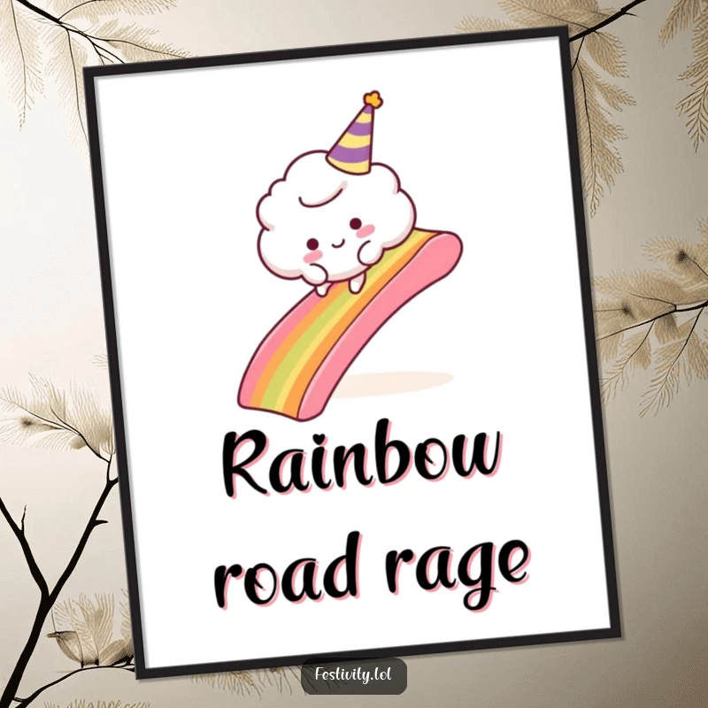 Funny Cloud Trip Digital Art: A high-resolution printable of a fluffy cloud comically tripping over a rainbow slide, full of whimsical fun.