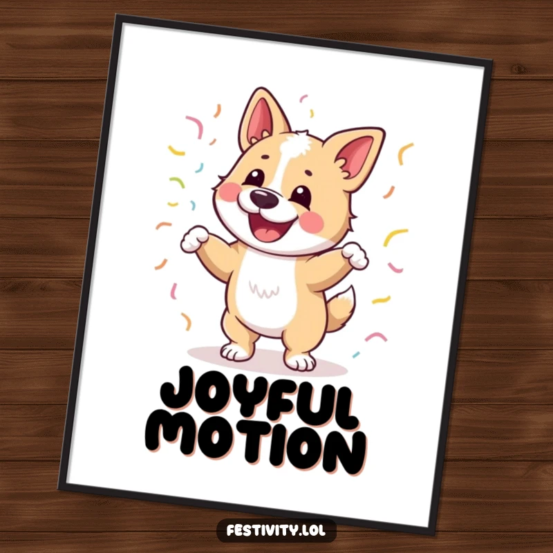 Funny digital art print of a happy dog dancing joyfully with streamers, high-resolution, instant download, humorous decor.