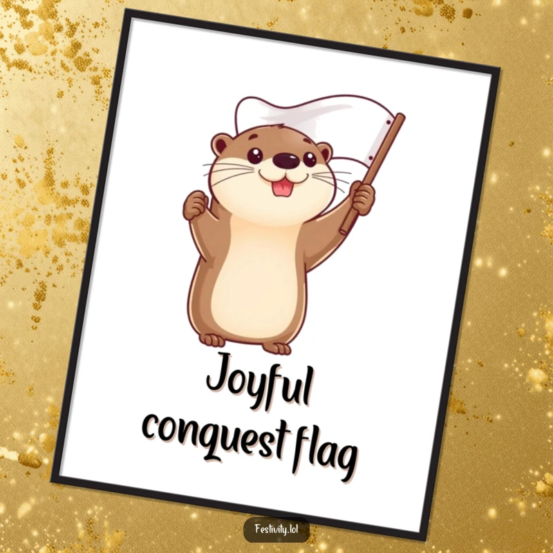 Funny digital art print of a determined otter smiling and holding a flag high, ready for download.