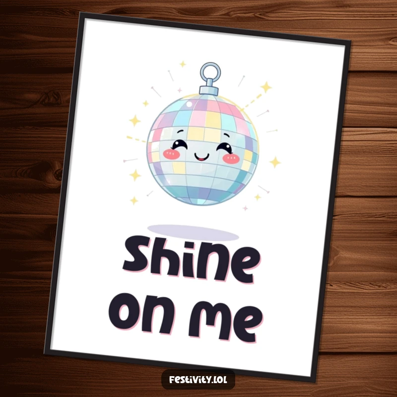 Funny digital art print of a satisfied disco ball character scattering beams of light with a happy twinkle, a radiant decor piece.