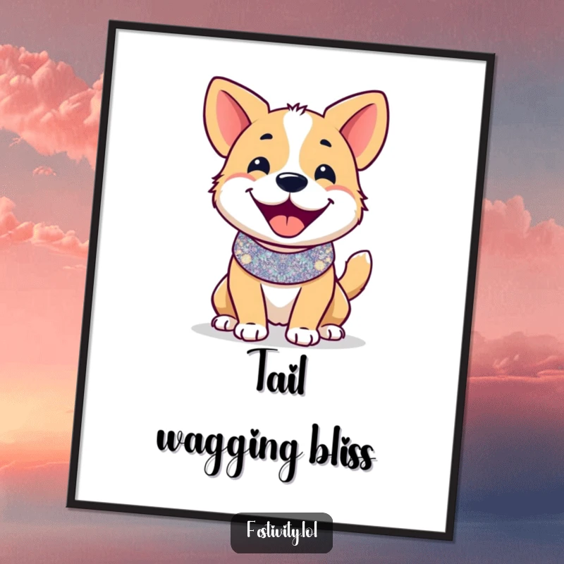 Funny digital art print: A smiling dog in a festive glittery collar, tail wagging furiously, bringing pure, humorous happiness.