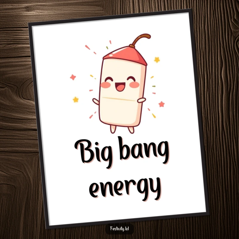 Funny happy firecracker igniting with a loud, fun spark, a humorous digital art print for instant wall decor.