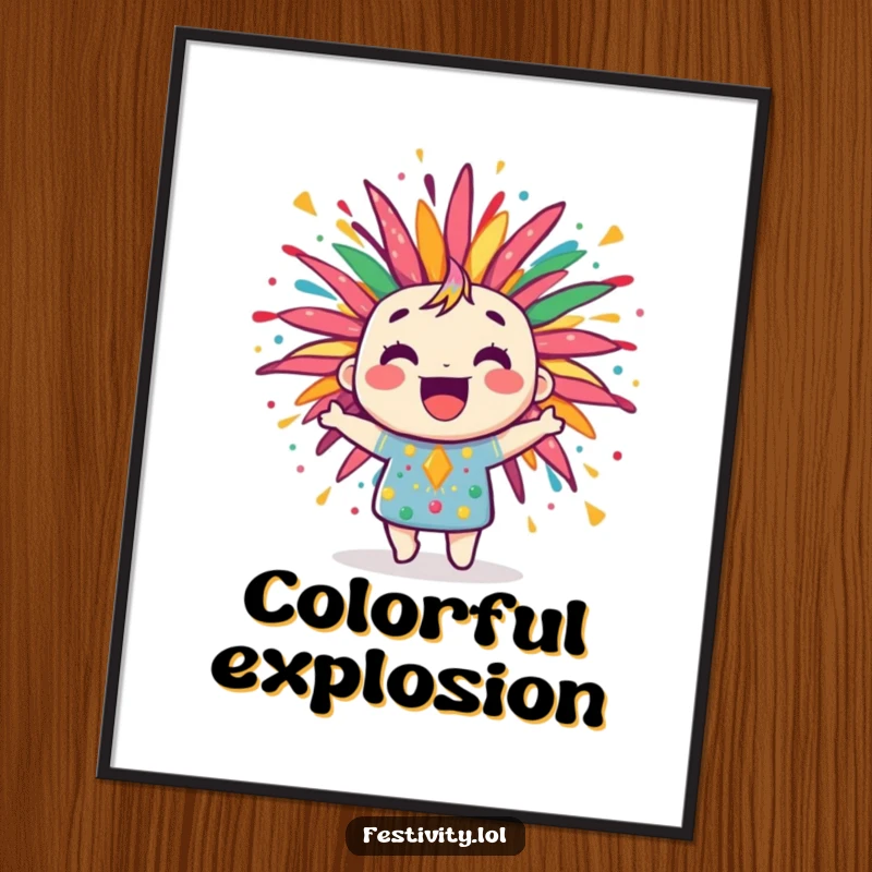 Funny digital art print of a jubilant firework character bursting with colorful, joyful patterns, a festive and happy piece.