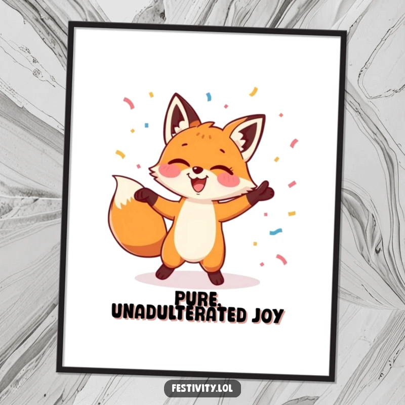 Funny digital art print of a fox dancing exuberantly with confetti raining down, embodying pure, infectious happiness.