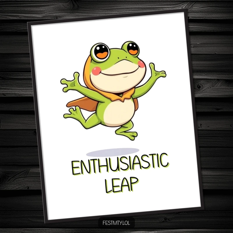 Funny digital art print of a silly frog in costume, leaping with great enthusiasm, high-resolution, instant download.