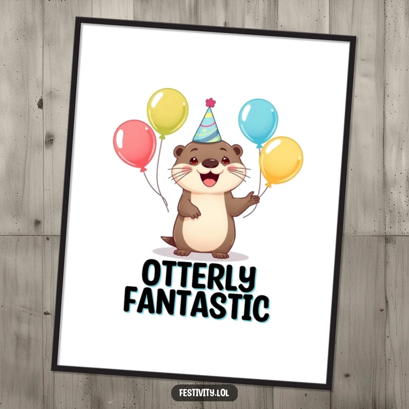 Funny digital art of a happy otter in a party hat juggling balloons, ideal for festive and joyful decor.