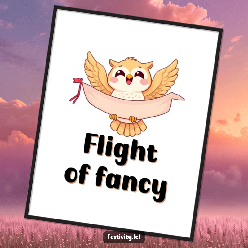 Funny owl digital art print, a joyful bird soaring with a banner, offering instant humor and artistic flair.