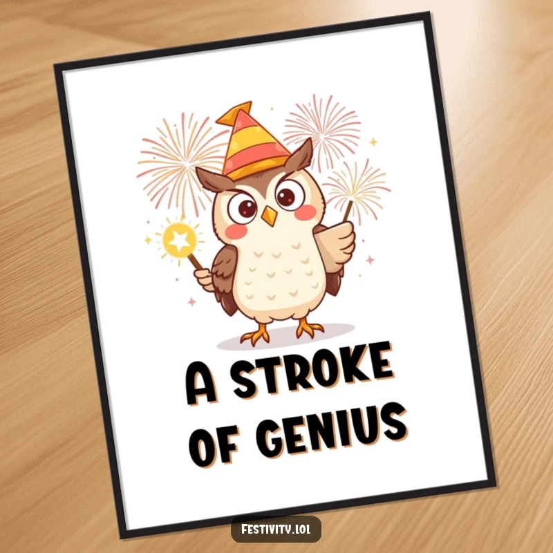 Funny digital art print of a determined owl in a silly hat, lighting a giant firework, embodying pure, explosive excitement.