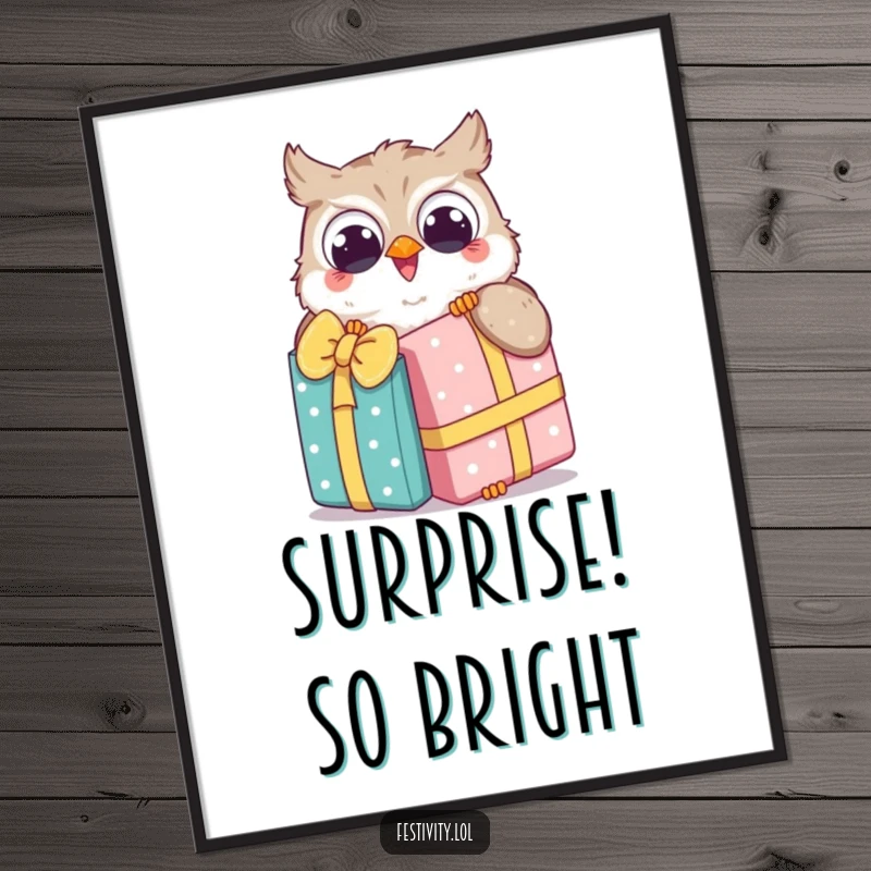 Funny Owl Digital Art Print showcases a happy owl joyfully unwrapping a comically oversized gift, perfect for adding wonder.
