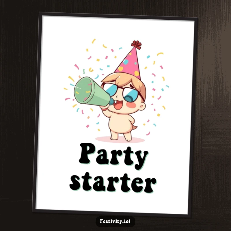 Funny delighted character in a party hat blowing a giant confetti cannon, digital art print.