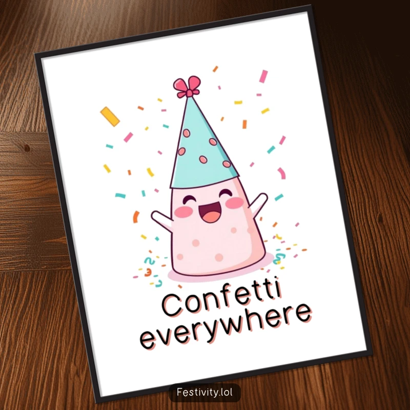 Funny cheerful party hat throwing confetti, a humorous digital art print for instant wall decor.