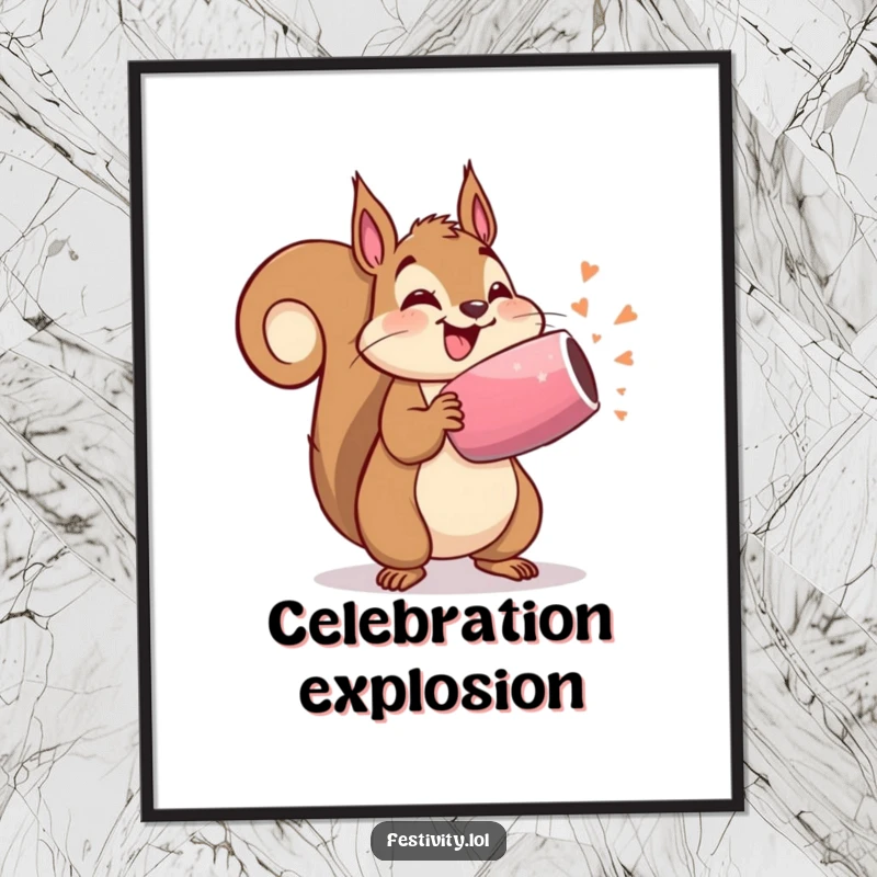 Funny digital art print of a delighted squirrel holding a party popper about to burst, high-resolution, instant download.