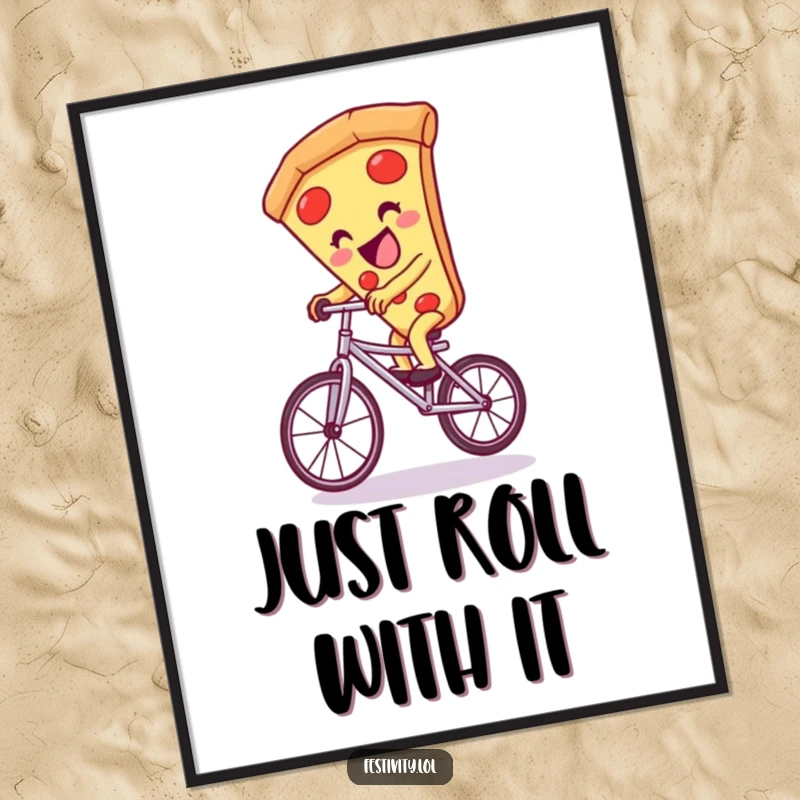 Funny pizza slice character giggling while riding a unicycle, rendered as vibrant and funny digital art.