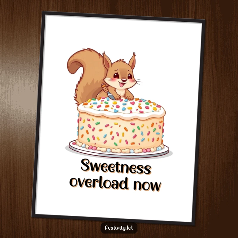 Funny digital art print of a happy squirrel decorating a huge cake with oversized sprinkles, perfect for instant sweet decor.