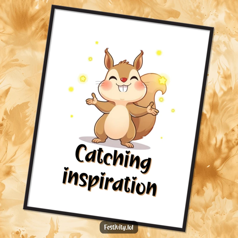 Funny squirrel firefly digital art print of a determined squirrel juggling lit fireflies, perfect for instant whimsical and magical decor.