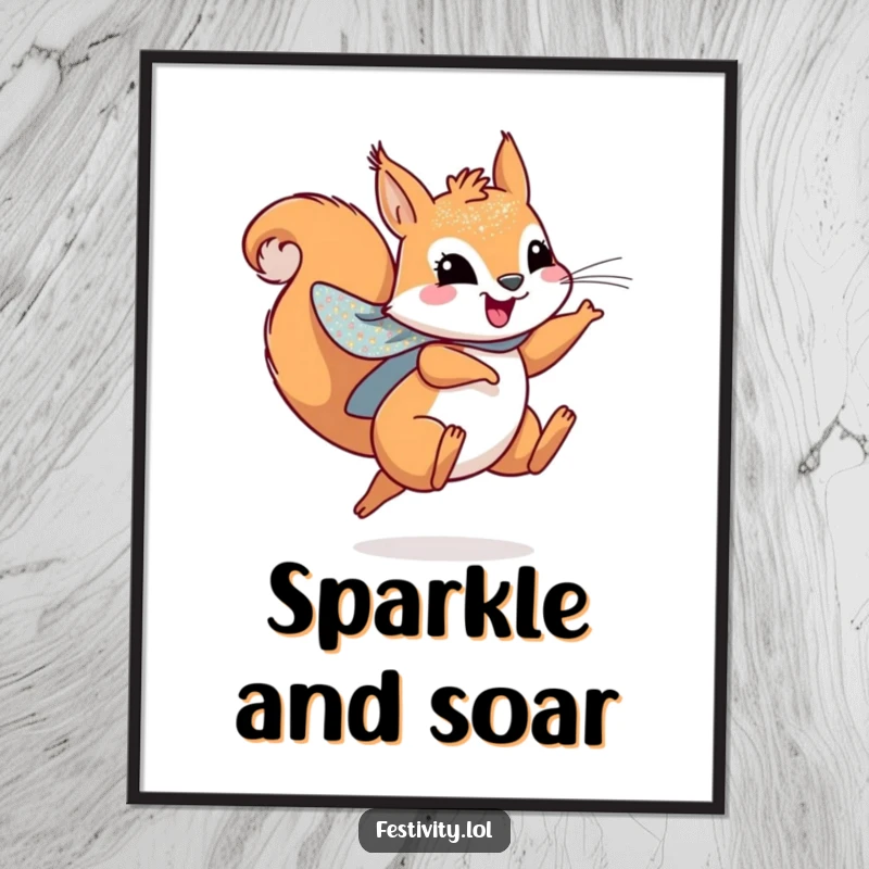 Funny digital art print of a playful squirrel wearing a sparkly cape, leaping joyfully, bringing heroic energy.