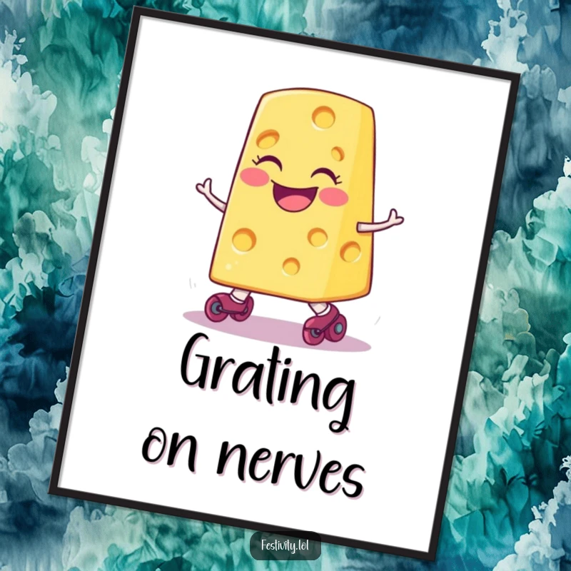 Funny smiling slice of cheese wearing tiny roller skates, comically tripping, high-resolution digital art print for humorous decor.