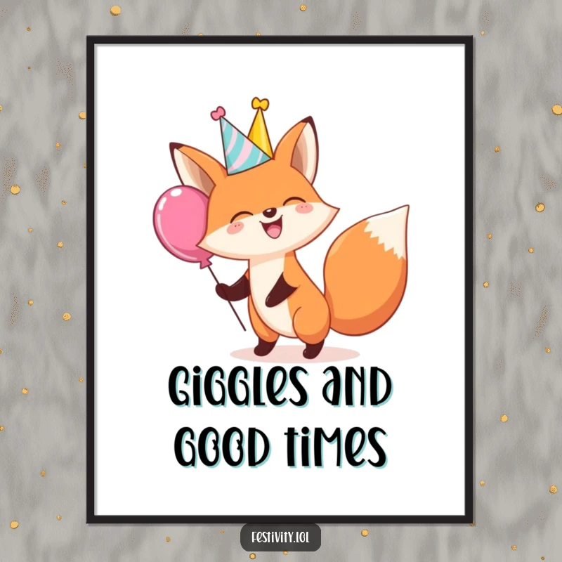 Funny digital art print of a giggling fox wearing a party hat and bouncing a large balloon, perfect for instant cheerful decor.