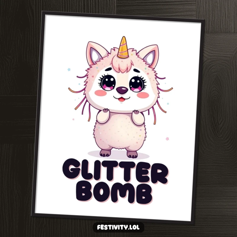 Funny surprised animal covered in streamers and glitter, digital art print.